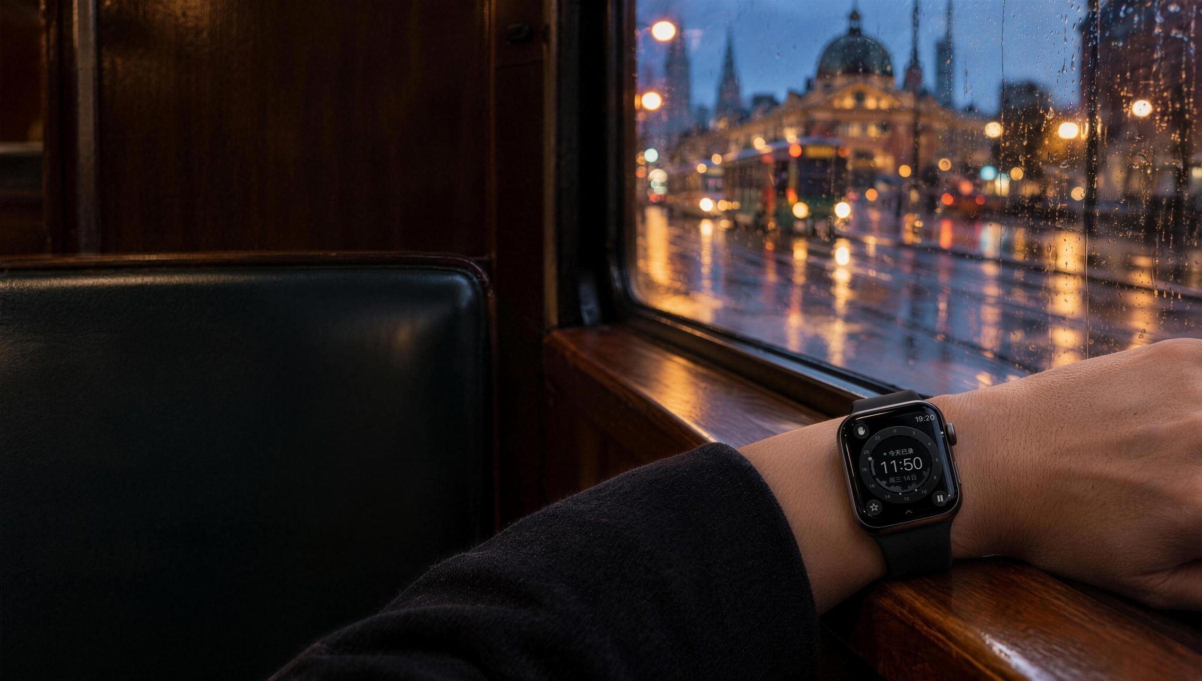 傍晚的电车上，扶着扶手的手戴着 Apple Watch